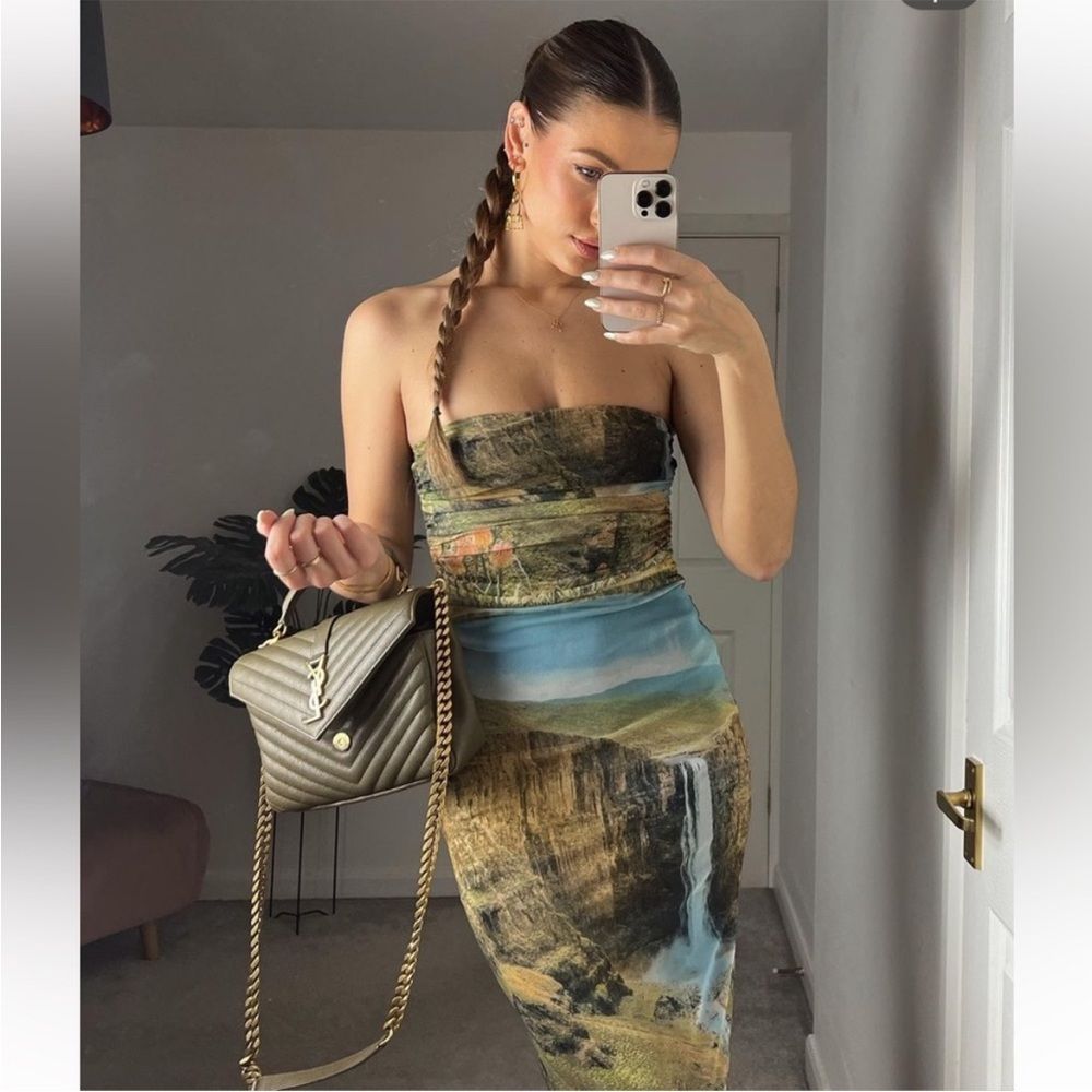 Zara Strapless Midi Dress in Green, Blue and Brown Landscape Print